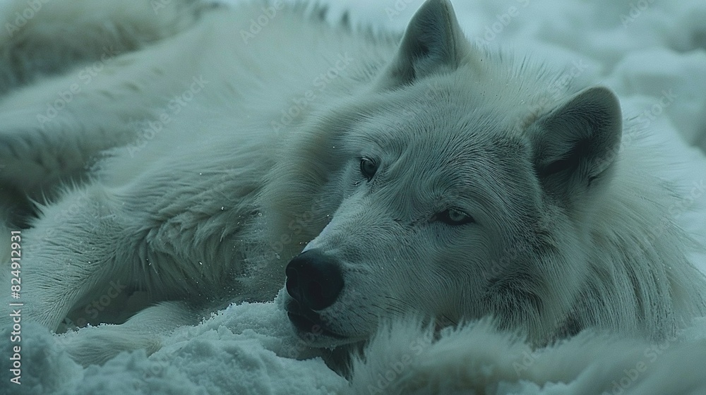 Wall mural   A snow-covered white wolf rests atop a snowy mound alongside another white wolf, also resting on a snow mound