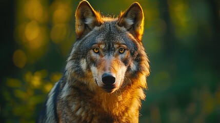   A sharp focus on a wolf's face surrounded by a hazy woodland backdrop