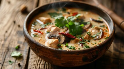A closeup of a steaming bowl of tom kha gai coconut chicken soup, with fresh mushrooms and herbs, set against a wooden background