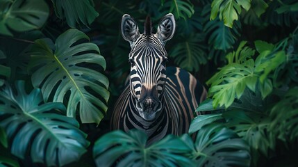   Zebra amidst lush greenery, capturing attention with gaze towards camera