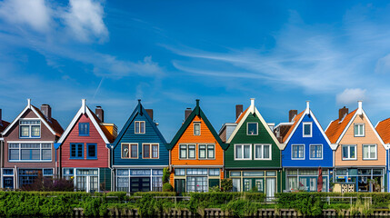 Row of almost identical wooden holiday cottages in Denmark ,Colourful wooden houses of Bryggen the old wharf historic harbour district of Bergen