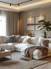 Modern Living Room Interior Design with White Sofa and Brown Throw Blanket