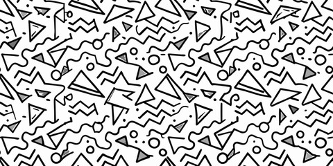 Geometric vector seamless pattern in Memphis style with thin curved and zig zag lines, dots. Black and white doodle texture. Retro fashion style 80-90s. Hand drawn ornament with thin brush strokes.