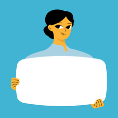 Young woman holding blank placard, poster, mockup. Pretty girl swowing empty presentation. Isolated illustration.