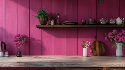 I love the kitchen's magenta wall paneling and wooden shelf.