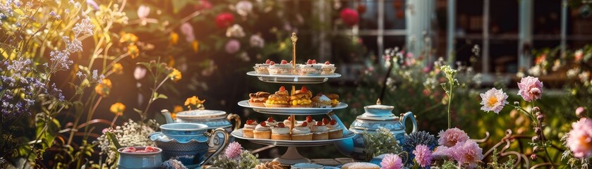 Fototapeta premium A cozy afternoon tea setting in an English countryside garden, with a variety of cakes and biscuits on a tiered stand, surrounded by blooming flowers