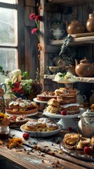 Fototapeta premium A cozy British bakery with a selection of scones, Victoria sponge cakes, and teapots, with a charming countryside decor