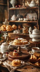 A cozy British bakery with a selection of scones, Victoria sponge cakes, and teapots, with a charming countryside decor