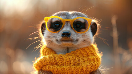   A high-resolution image showing a meerkat wearing yellow goggles and a cozy sweater with a scarf wrapped tightly around its neck