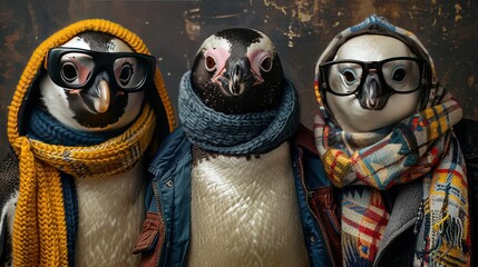   Three penguins wear glasses and scarves, standing together in front of a painting of a penguin with a scarf