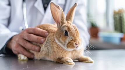 A vet gently palpating a rabbit's abdomen, with the rabbit lying comfortably on the table and the vet explaining the process.