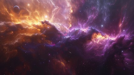 Vivid space imagery showcasing a cosmic nebula with stars and a planet in a colorful universe
