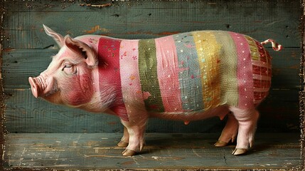  A pig with multicolored stripes is standing in front of a wooden wall, its fur coloring the scene pink