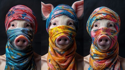   A trio of pigs, adorned in vibrant scarves, concealed their faces beneath another scarf atop their heads