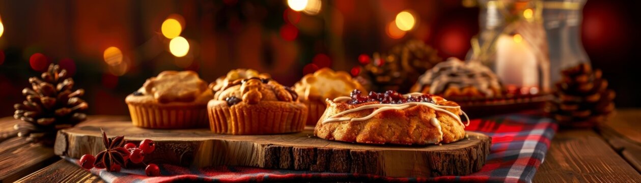A cozy Scottish bakery with a selection of shortbread and fruitcakes, set against a backdrop of tartan decor and warm lighting