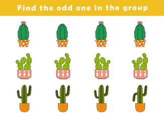 Find the odd one out for toddlers. Spot the difference for kids. Educational quiz worksheet with cute cactus illustration. Logical activity for children.