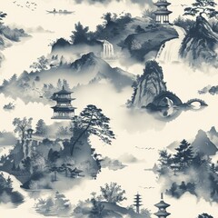 Traditional Chinese Landscape Seamless Pattern with Mountains, Rivers, and Pagodas

