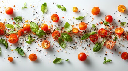   Tomatoes and basil, seasoned and sprinkled on a white surface with salt and pepper