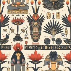 Ancient Egyptian Seamless Pattern with Hieroglyphics, Lotus Flowers, and Symbols of Gods and Pharaohs

