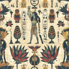Ancient Egyptian Seamless Pattern with Hieroglyphics, Lotus Flowers, and Symbols of Gods and Pharaohs

