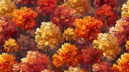Beautiful autumn forest landscape with vibrant red, orange, and yellow foliage, showcasing the rich colors of fall season in nature.