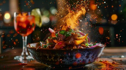 A dish of Peruvian lomo saltado with a glass of chicha morada