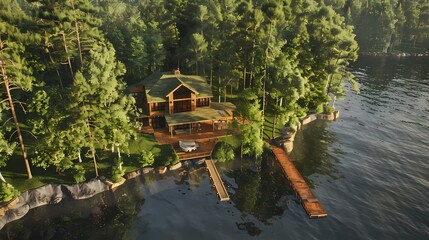 Create an aerial perspective of a tranquil lakeside retreat, featuring a secluded cabin nestled among pine trees with a dock stretching into calm waters