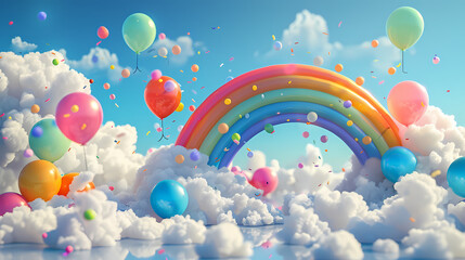  illustration, abstract 3d rainbow with clouds and colorful balloons