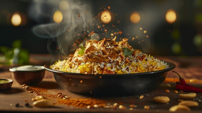 A fragrant dish of chicken biryani with saffron rice, roasted nuts, and raita on the side in an Indian dining setting