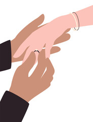 the wedding ring on his bride's finger in a flat art style.