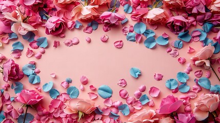   Pink and blue flowers on a pink background with space for text