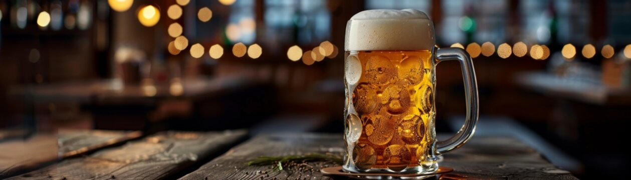 A frosty German beer stein filled with golden lager, sitting on a wooden bench at an Oktoberfest celebration
