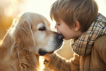 Young boy lovingly nuzzles a golden retriever in warm, soft sunlight