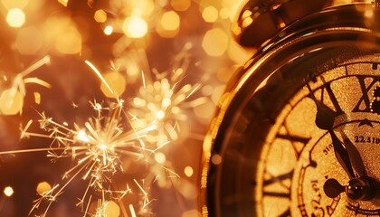 Countdown to 2024: A Spectacular Midnight Show of Clocks, Golden Fireworks, and Abstract Background