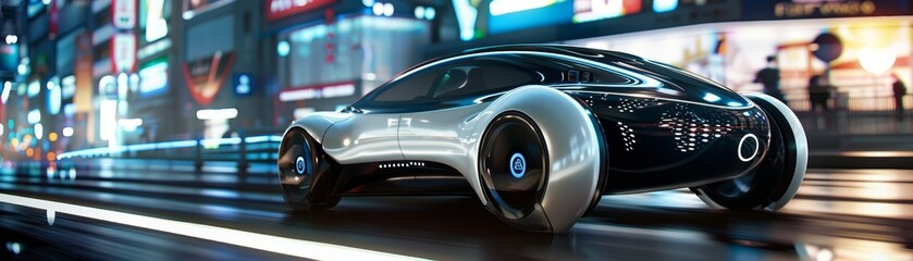 Fototapeta premium Futuristic electric car driving through a neon-lit city street at night, showcasing advanced technology and sleek design.