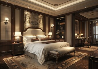 Luxury hotel room interior with a king-sized bed
