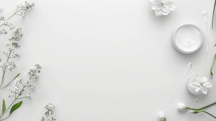 Minimalist skincare background with white flowers, cosmetic jar, and dropper, perfect for beauty and wellness themes.