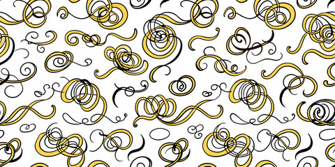 Brush curly lines seamless pattern. Pencil squiggles ornament. Scribble brush strokes vector background. Hand drawn marker scribbles, curved lines. Black pencil sketches. Squiggles and daubs.
