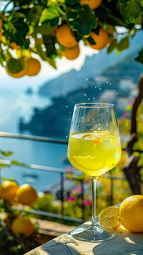 A glass of Italian limoncello with a bright yellow hue, enjoyed on a terrace overlooking the Amalfi Coast