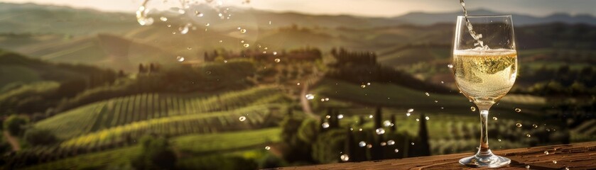 A glass of Italian prosecco with fine bubbles rising, served with a view of the rolling Tuscan hills