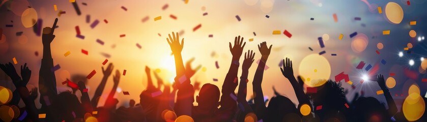 People enjoying a lively and colorful celebration with confetti and lights, raising their hands in excitement and joy.