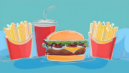 Abstract Collection Set of Fastfood, junk food, sweet and fat eating on digital art concept, Generative AI.