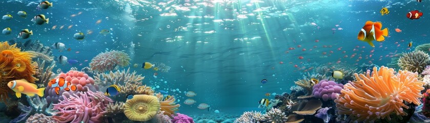 Stunning underwater scene with colorful corals, diverse marine life, and sunlight streaming through the clear blue ocean water.