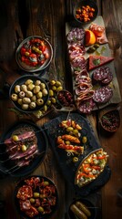 A highangle shot of a beautifully arranged Spanish tapas platter, featuring various cured meats, cheeses, and olives on a rustic wooden table