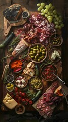 A highangle shot of a beautifully arranged Spanish tapas platter, featuring various cured meats, cheeses, and olives on a rustic wooden table
