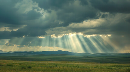 Dramatic Sunbeams Piercing Through Storm Clouds Over Rural Landscape  