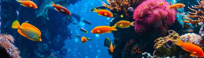Vibrant underwater scene with colorful tropical fish swimming around a coral reef in crystal clear blue ocean water.