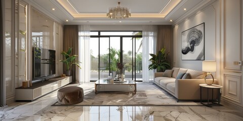 Modern Living Room Interior Design With Beige Sofa And Glass Coffee Table