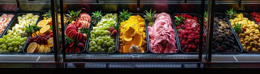A highangle shot of a festive Italian gelateria, showcasing an array of colorful gelato flavors in a display case with a vintage feel