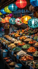 Fototapeta premium A highangle shot of a festive Korean market stall selling an assortment of traditional rice cakes, with colorful lanterns hanging above
